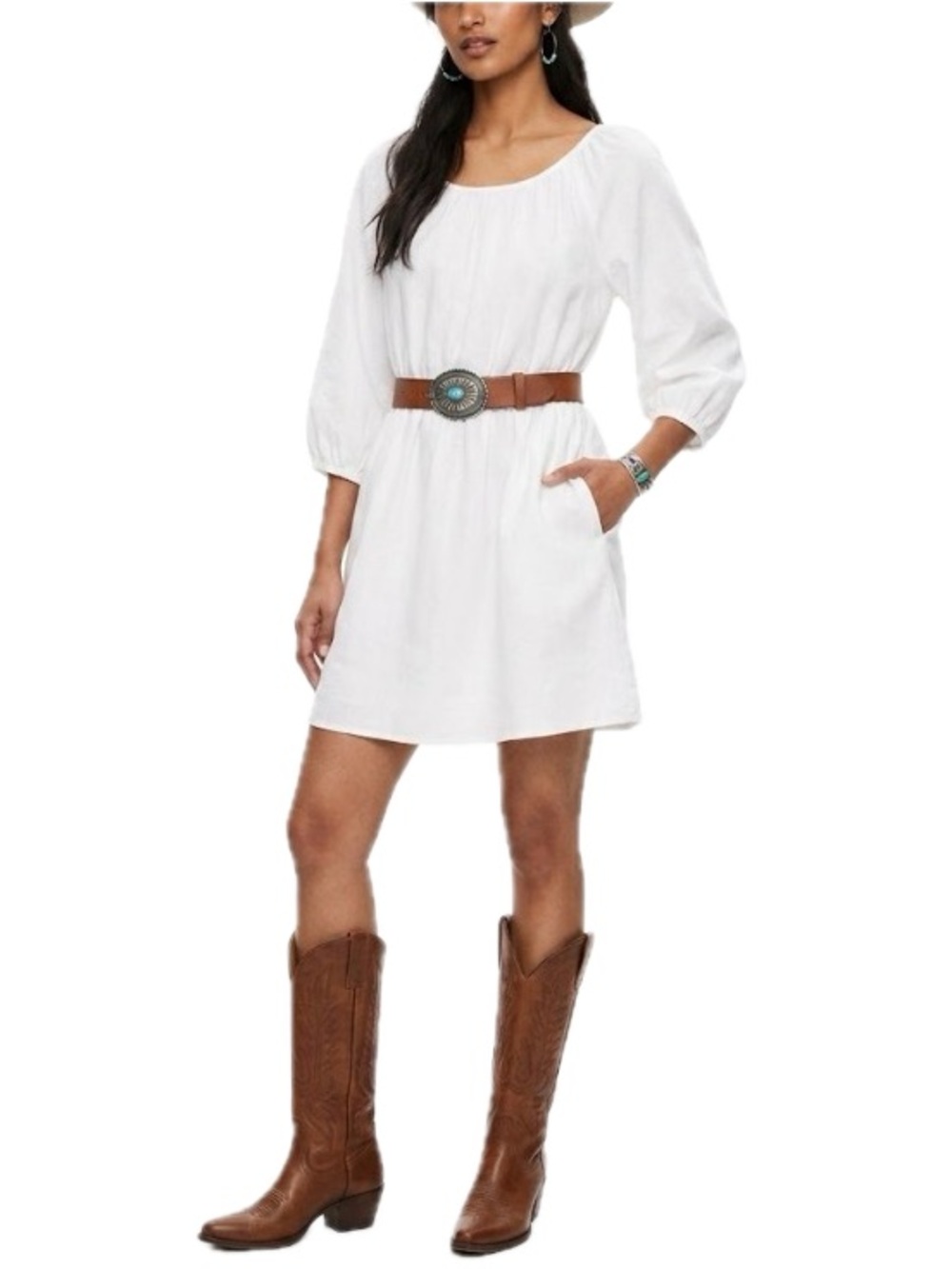 White Linen Cotton Mini Summer Dress Medium Ruched Waist Pockets Western NWOT
